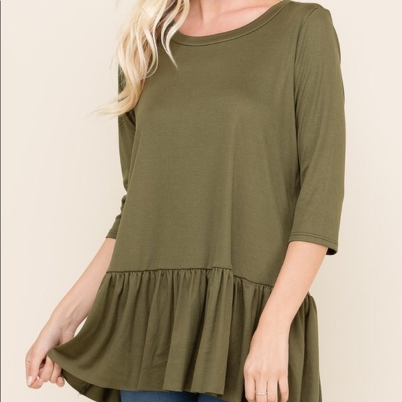 Olive Drop waist Pleated 3/4 Sleeve Top - Picture 2 of 4